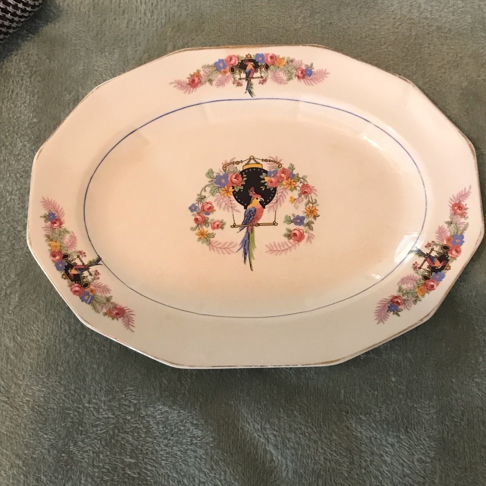 Vintage Penn china serving plate with beautiful parrot and flowers